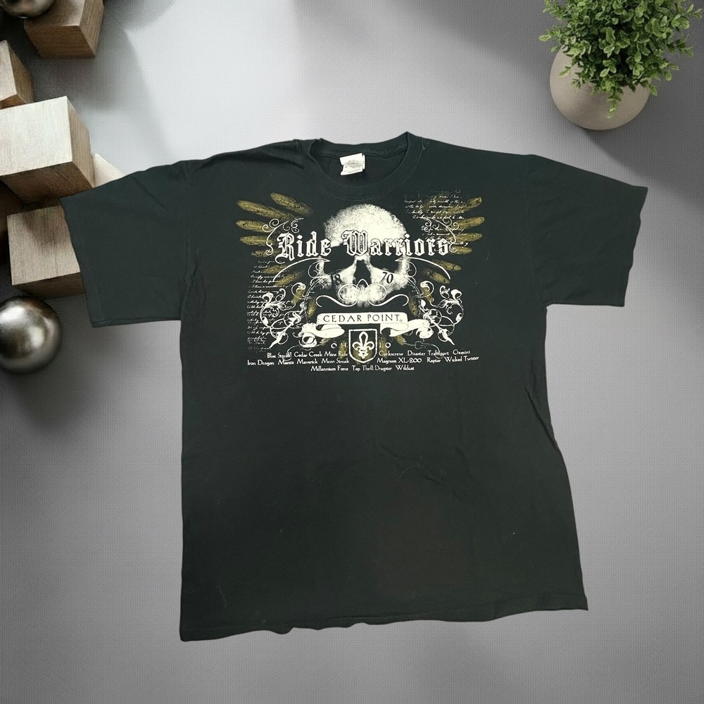 Vintage Cedar Point Ride Warriors T Shirt Black Large Y2K Skull Graphic Tee